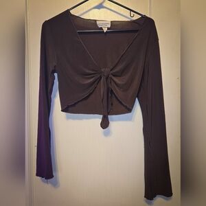 Y2k Vintage 90s Brown Long Sleeve Tie-Front Crop Blouse Juniors Medium
